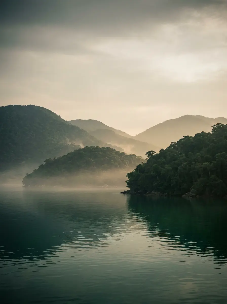 Ilhas cobertas de mata atlântica sobre o mar calmo da Costa Verde, ao amanhecer
